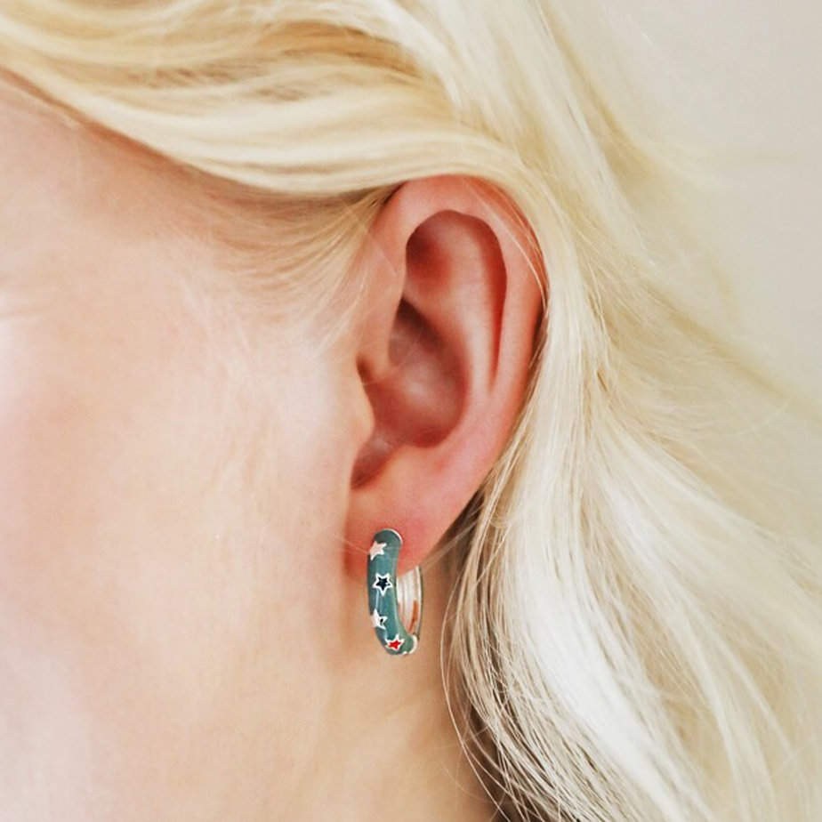 Blue Star Enamel Hoop Earrings Silverado Jewellery