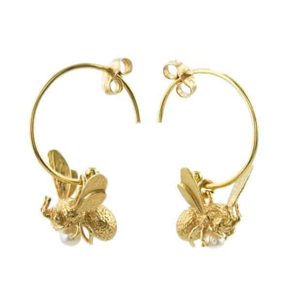 Alex Monroe Gold Flyng Bee Hoop Earrings with Pearl