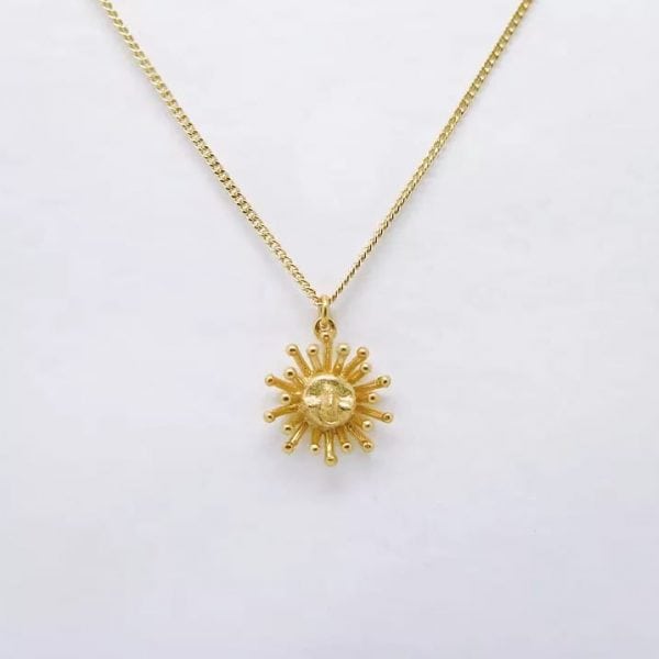 22ct gold plated sterling silver chain necklace with cute mini sun pendant, by Manom Jewellery