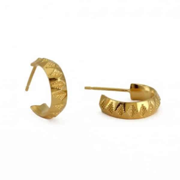 18ct gold plated sterling silve faceted hoops with a textured design, by Rosie Kent