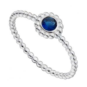 Sterling silver bobble ring with a round blue crystal stone