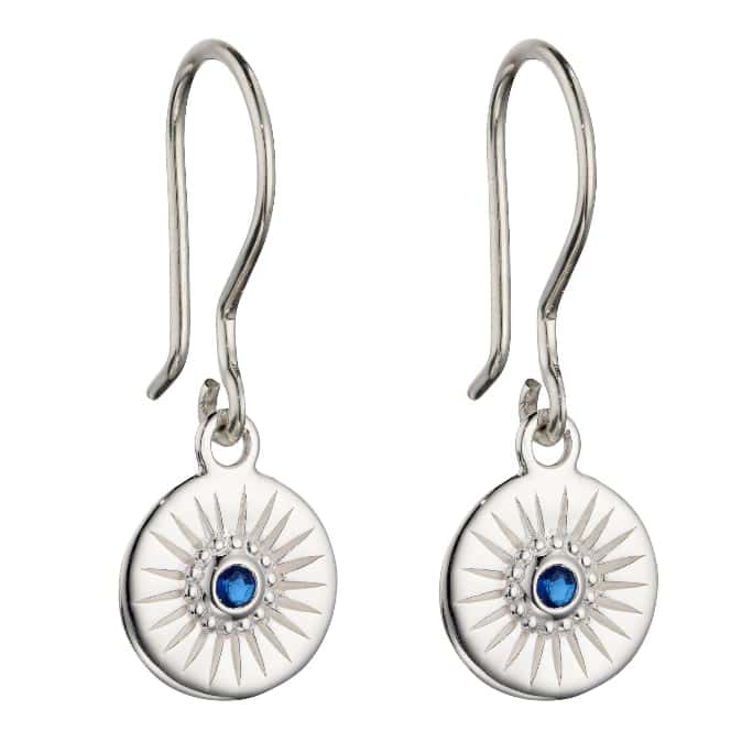 Sterling silver disc drop earrings with a small sapphire blue crystal