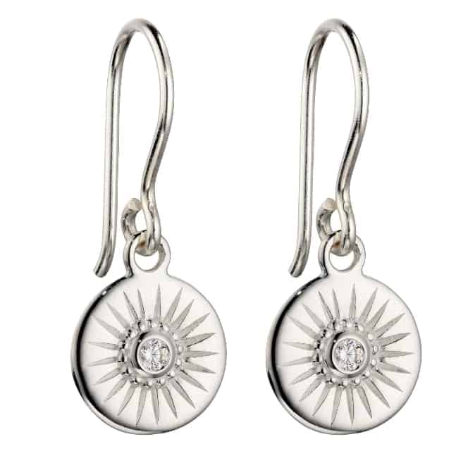 Sterling silver disc drop earrings with a small cubic zirconia crystal
