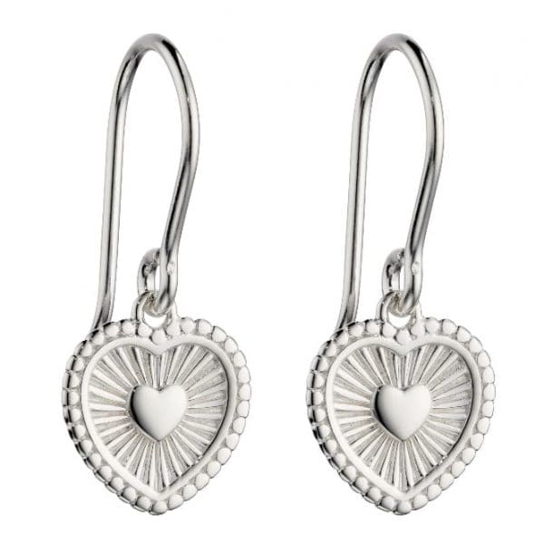 Sterling silver heart drop earrings with an engraved sunray design