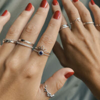 Silver stacking rings on model - silverado jewellery