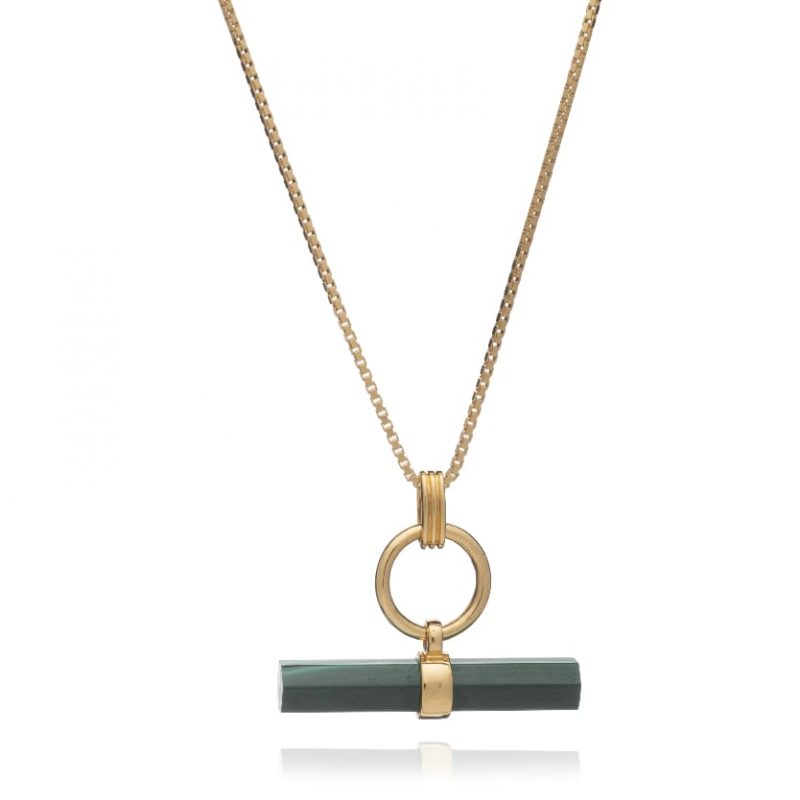 22ct gold plated sterling silver box chain necklace with a hexagon shaped malachite t-bar hanging from a polished ring, by Rachel Jackson