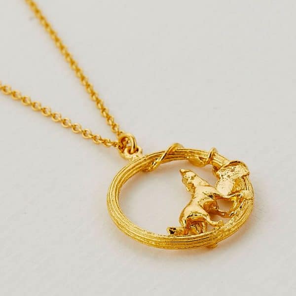 Gold plated column loop howling wolf necklace