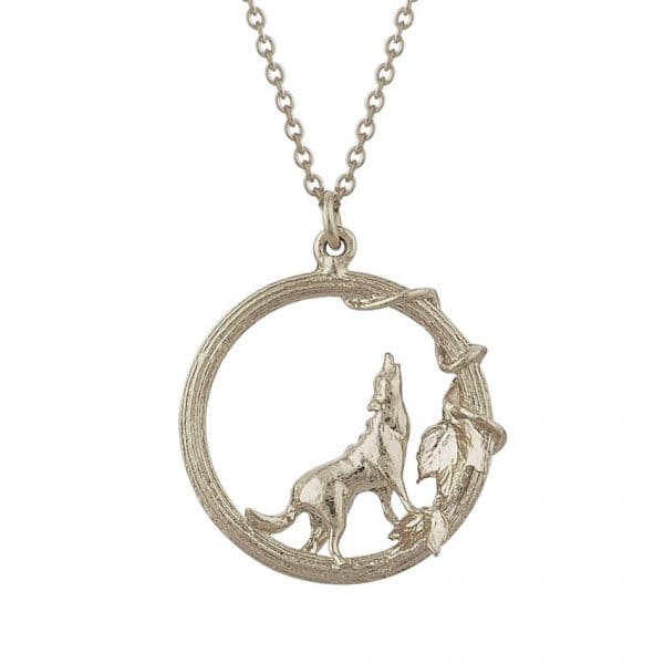 Alex Monroe Silver Column Loop Necklace with Howling Wolf - Silverado Jewellery