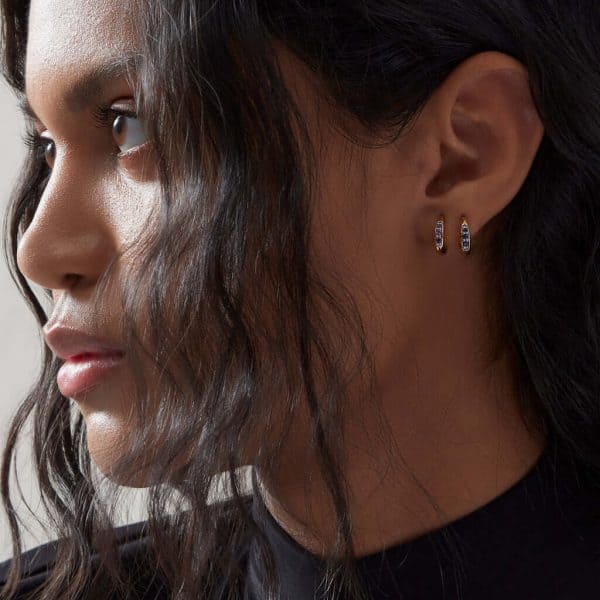 model shot Rachel Jackson emerald birthstone hoop earrings