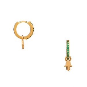 Hamsa Hand Huggie Hoop Earrings With Emerald Pavé - Orelia - Silverado Jewellery
