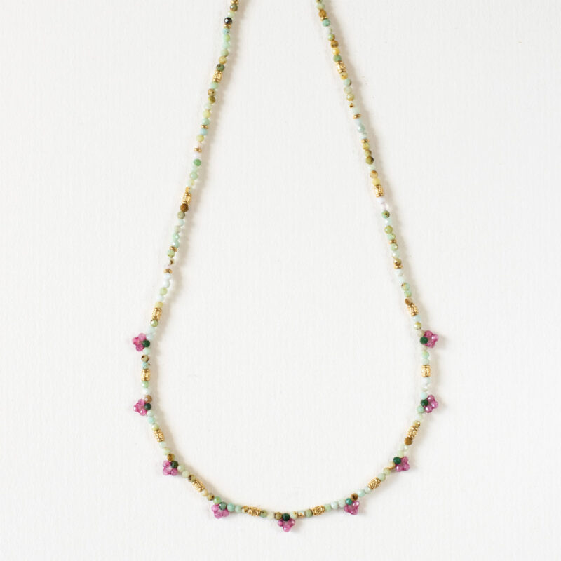 Green and pink beaded flower necklace - Aime - Silverado Jewellery