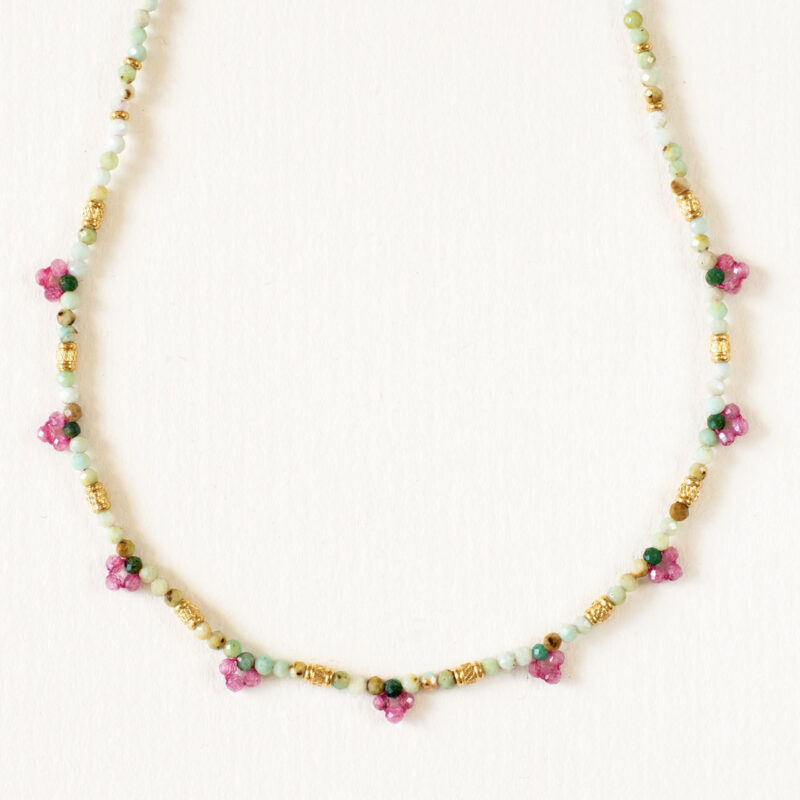 Green and pink beaded flower necklace - Aime - Silverado Jewellery