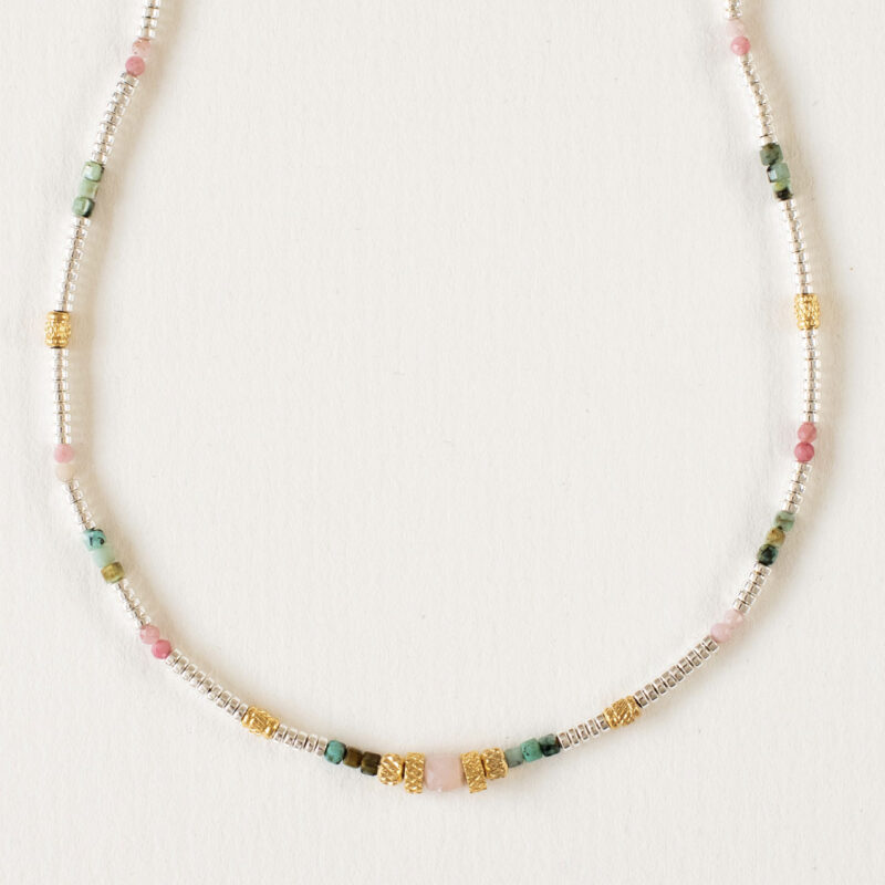 Silver Pink and Green Bead Necklace - Amie - Silverado Jewellery