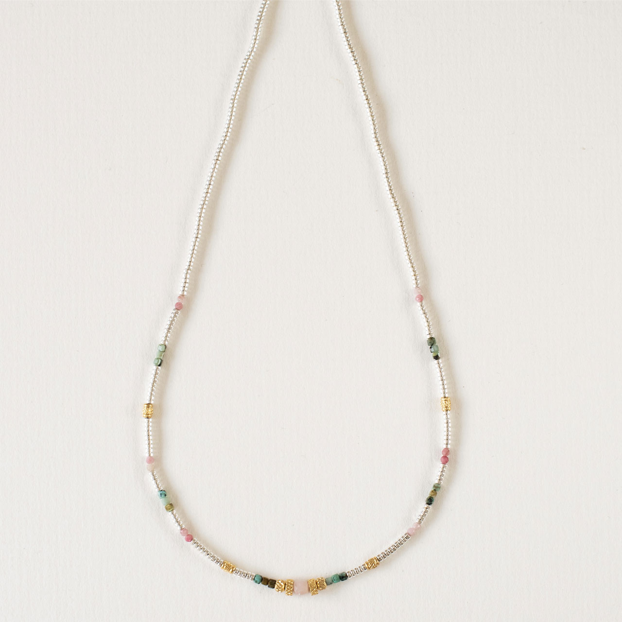 Silver Pink and Green Bead Necklace - Amie - Silverado Jewellery