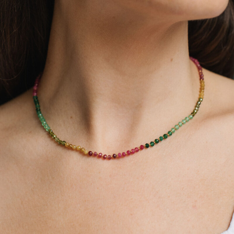 Green, Yellow and pink Beaded Necklace - Amie - Silverado Jewellery