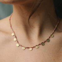 Pink Bead and Textured Disc necklace on model - Amie - Silverado Jewellery