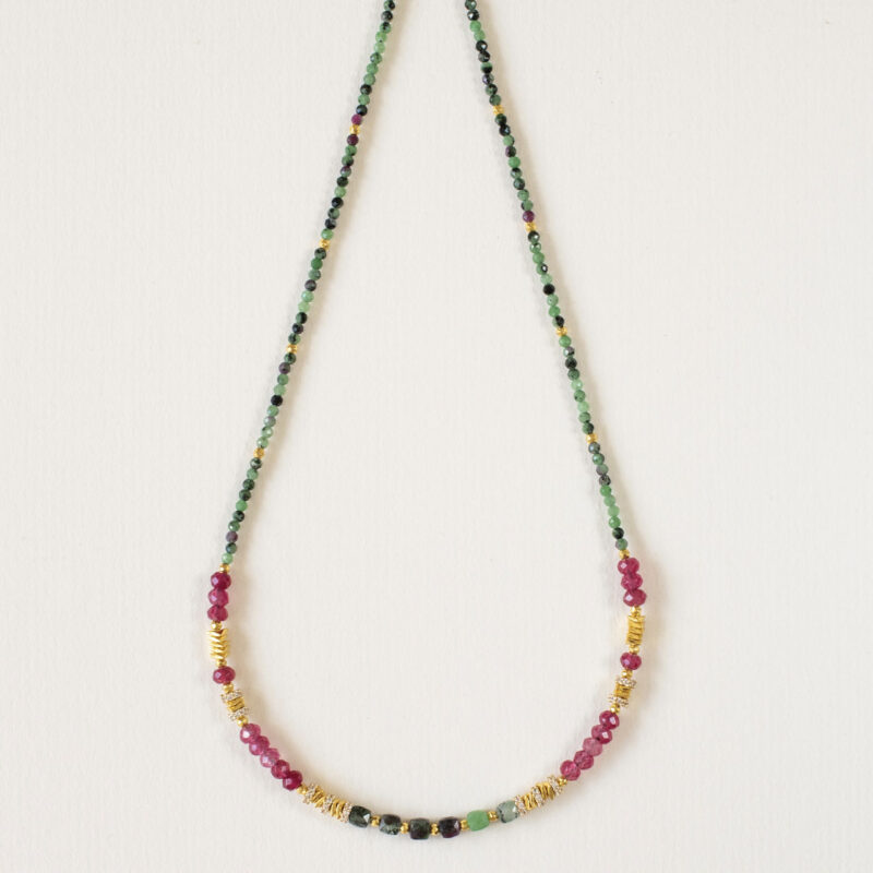 Green, Pink and Gold Beaded Necklace - Amie - Silverado Jewellery