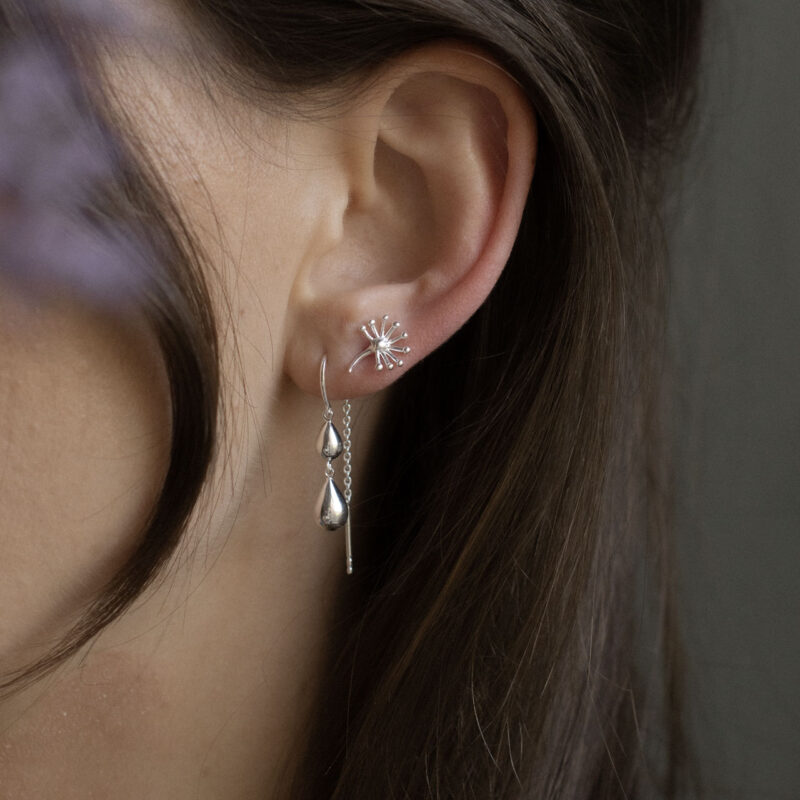 Silver rain drop earrings and dandelion stud earrings