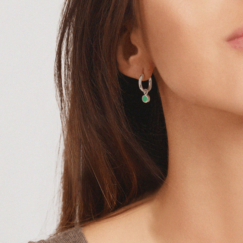 Silver May birthstone huggie hoops with emerald quartz - Lucier - Silverado Jewellery