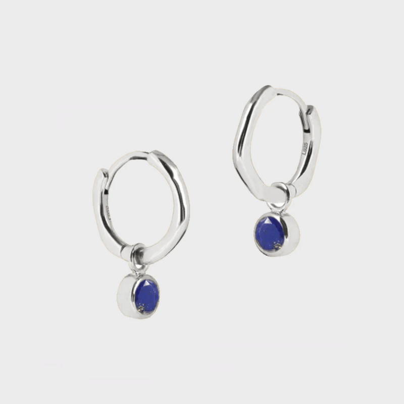 Silver September birthstone huggie hoops with lapis lazuli - Lucier - Silverado Jewellery