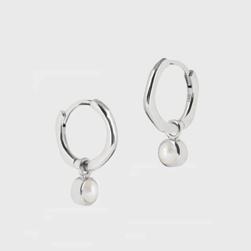 Silver June birthstone huggie hoops pearl - Lucier Jewellery - Silverado Jewellery