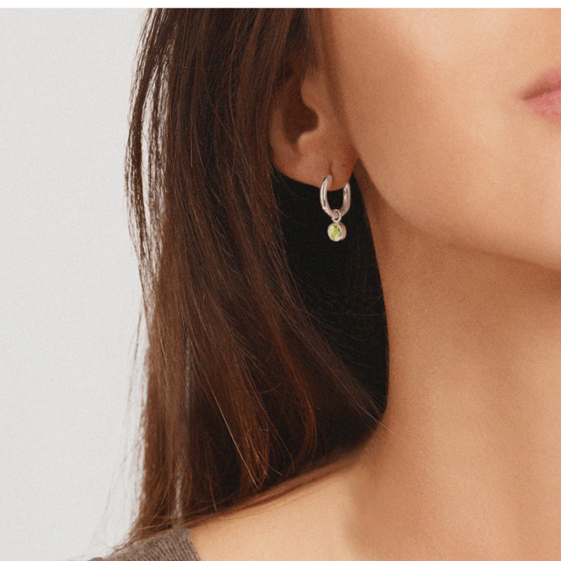silver August birthstone huggie hoops with peridot - Lucier - Silverado Jewellery