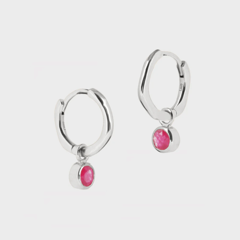 silver July birthstone huggie hoops ruby quartz - Lucier - Silverado Jewellery