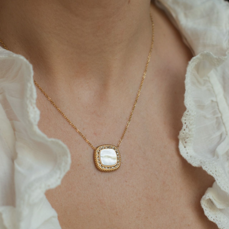 Square Pearl and Cubic Zirconia Necklace. AMIE, Paris
