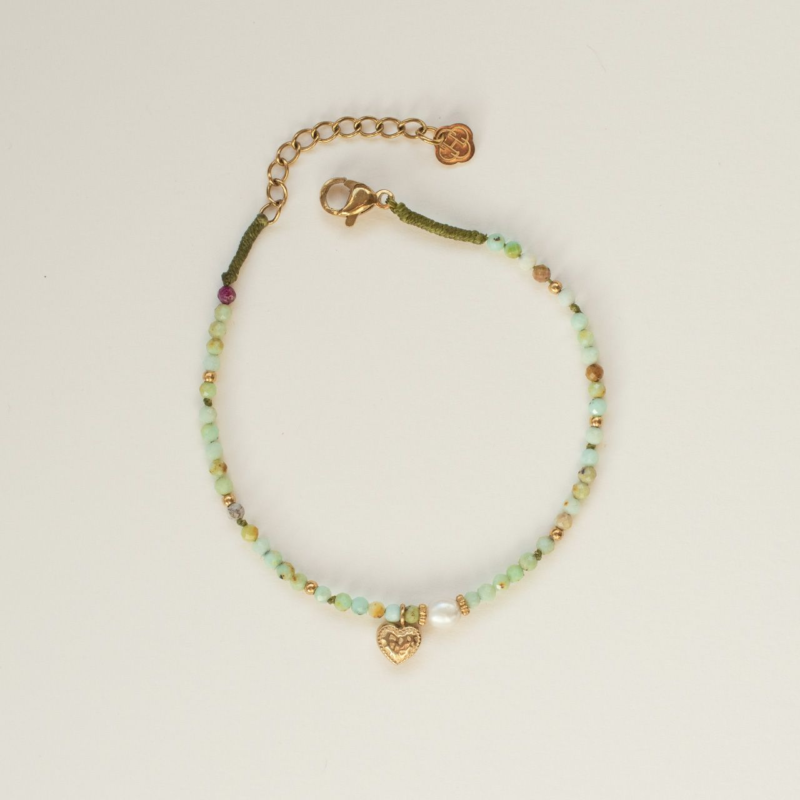 Turquoise Beaded Bracelet with Pearl and Heart Charm