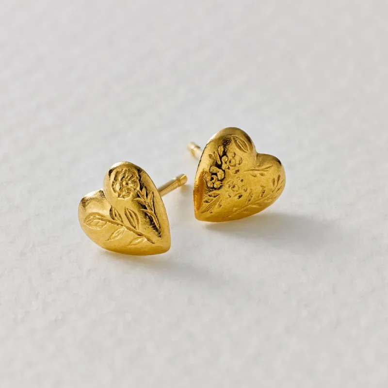 Floral engraved heart stud earrings - Alex Monroe - Silverado Jewellery