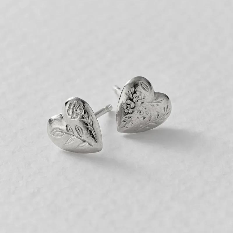 Silver Floral engraved heart stud earrings - Alex Monroe - Silverado Jewellery