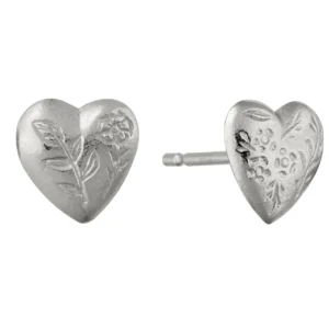 Silver Floral engraved heart stud earrings - Alex Monroe - Silverado Jewellery