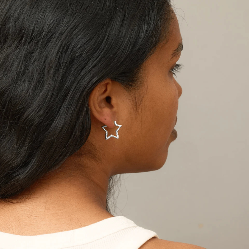Medium Silver Organic Star Hoop Earrings