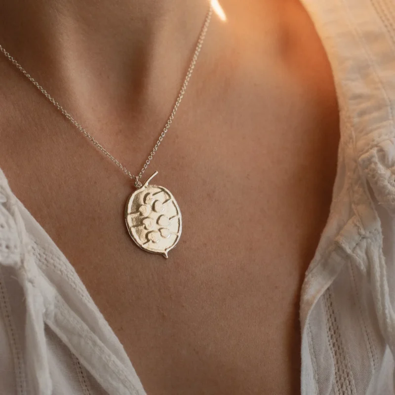 Silver Honesty Pod Necklace With Heart Shaped Seeds