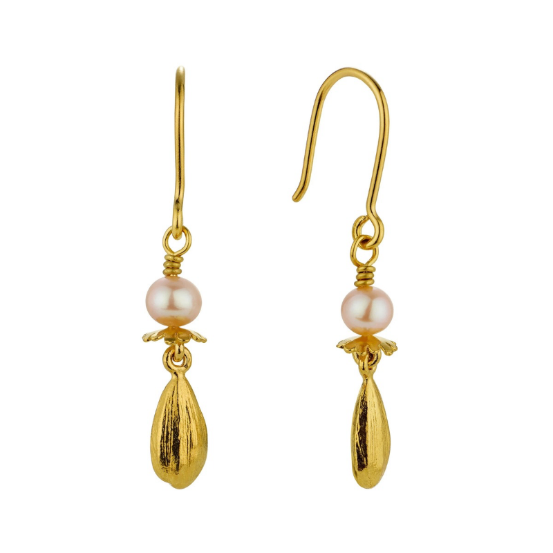 Pink Pearl Hook Earrings with Poppy and Sunflower Seed Drops