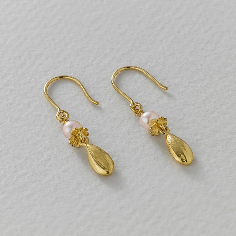 Pink Pearl Hook Earrings with Poppy and Sunflower Seed Drops