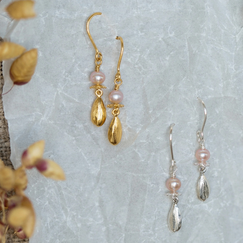 Pink Pearl Hook Earrings with Poppy and Sunflower Seed Drops