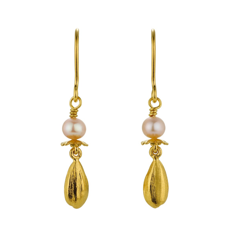 Pink Pearl Hook Earrings with Poppy and Sunflower Seed Drops